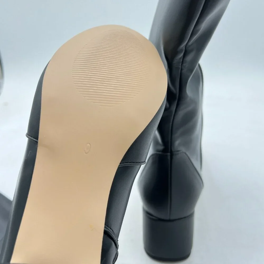 Black Women Pointed Toe Knee High Boot Chunky Heel Riding Boots Side Zipper Shoe